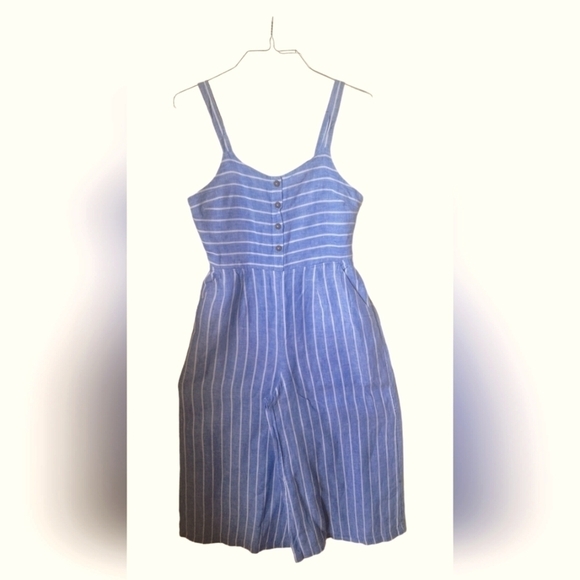 C & C California Blue & White Stripe Linen Wide Cropped Legs Jumpsuit Sz 8 - Picture 6 of 11